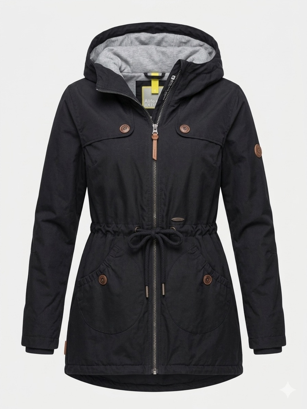 Alife and Kickin Charlotte X Hooded Parka Jacket in Moonless Black | L